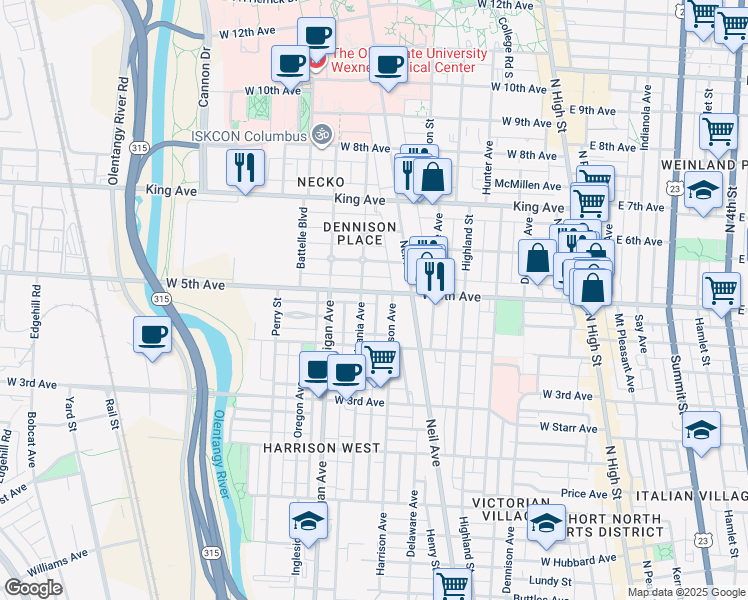 map of restaurants, bars, coffee shops, grocery stores, and more near 337 Vermont Place in Columbus
