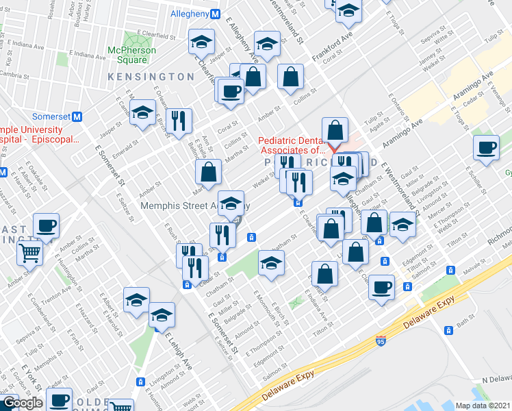 map of restaurants, bars, coffee shops, grocery stores, and more near 3038 Memphis Street in Philadelphia