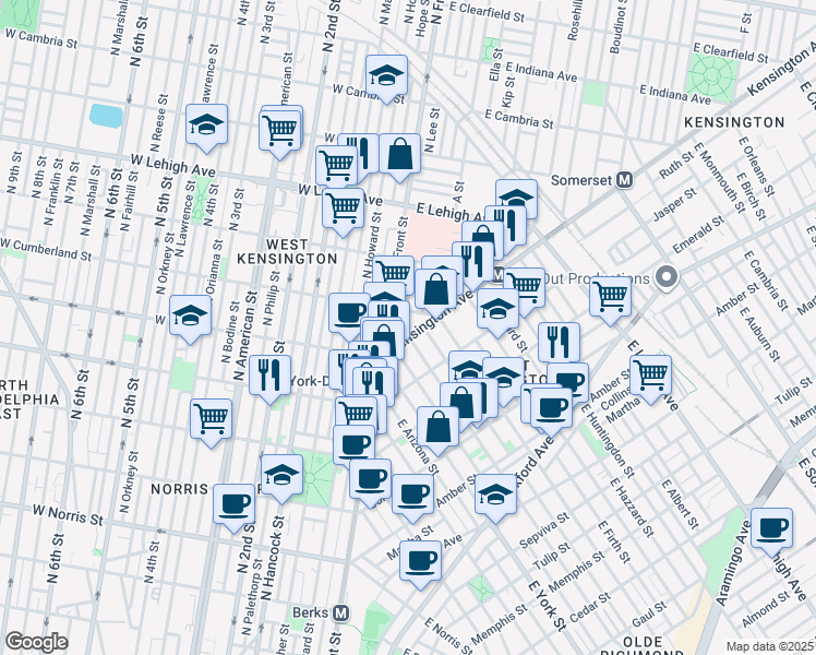 map of restaurants, bars, coffee shops, grocery stores, and more near 2449 Kensington Avenue in Philadelphia