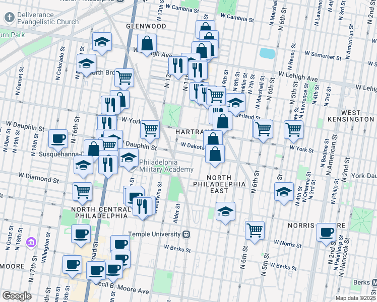 map of restaurants, bars, coffee shops, grocery stores, and more near 1030 West Dauphin Street in Philadelphia