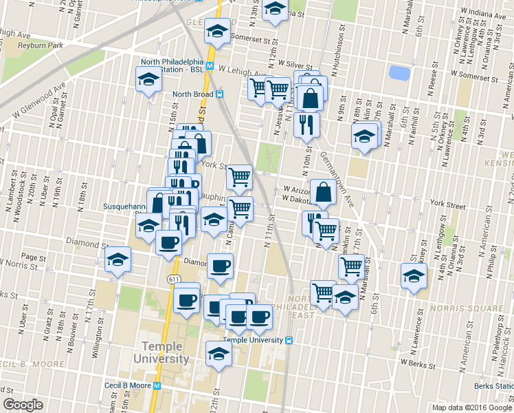 map of restaurants, bars, coffee shops, grocery stores, and more near 1127 West Nevada Street in Philadelphia