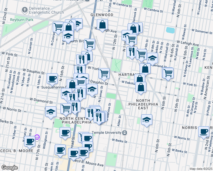map of restaurants, bars, coffee shops, grocery stores, and more near 2262 North 12th Street in Philadelphia