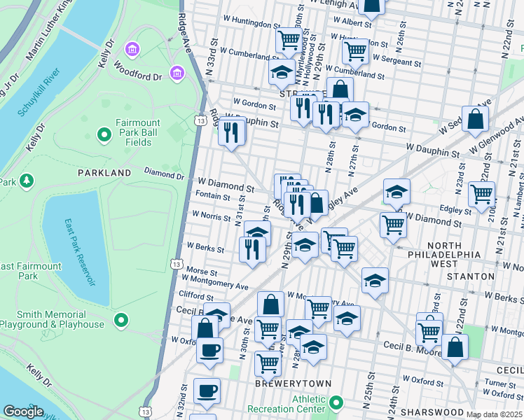 map of restaurants, bars, coffee shops, grocery stores, and more near 3016 Page Street in Philadelphia