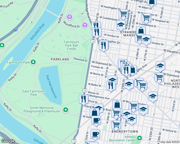 map of restaurants, bars, coffee shops, grocery stores, and more near in Philadelphia