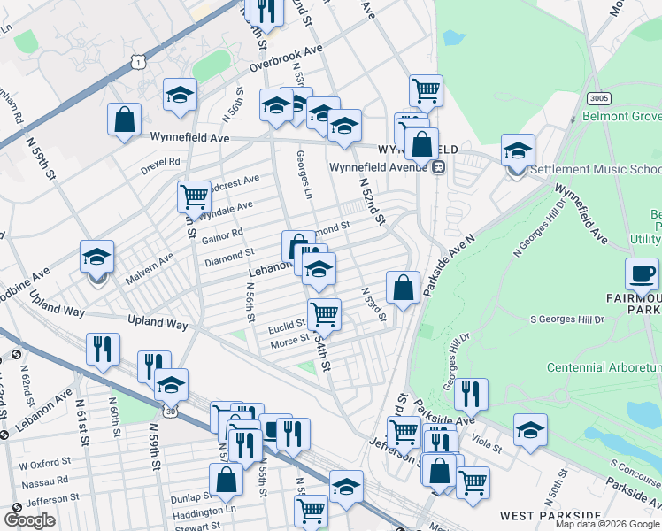 map of restaurants, bars, coffee shops, grocery stores, and more near 5337 Arlington Street in Philadelphia