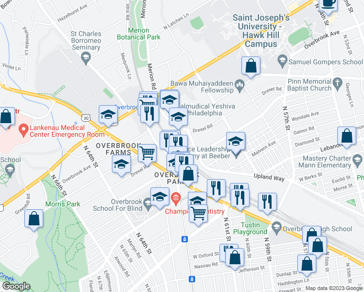 map of restaurants, bars, coffee shops, grocery stores, and more near 2037 North 63rd Street in Philadelphia