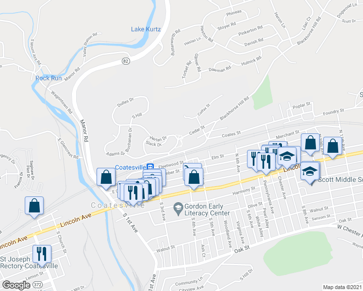 map of restaurants, bars, coffee shops, grocery stores, and more near 411 Coates Street in Coatesville