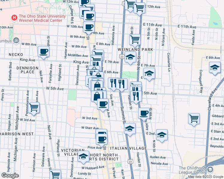 map of restaurants, bars, coffee shops, grocery stores, and more near 104 East 5th Avenue in Columbus