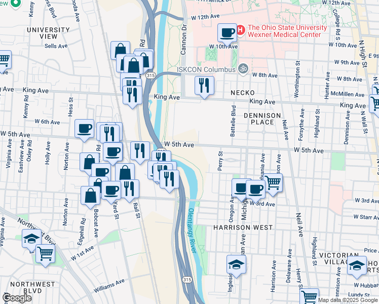map of restaurants, bars, coffee shops, grocery stores, and more near Olentangy Trail in Columbus