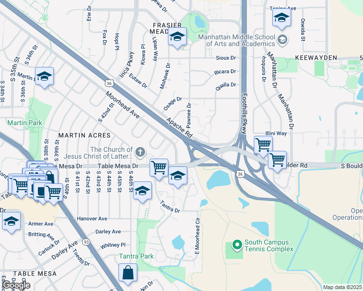 map of restaurants, bars, coffee shops, grocery stores, and more near 4977 Moorhead Avenue in Boulder