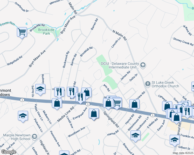 map of restaurants, bars, coffee shops, grocery stores, and more near 111 Newby Drive in Newtown Square