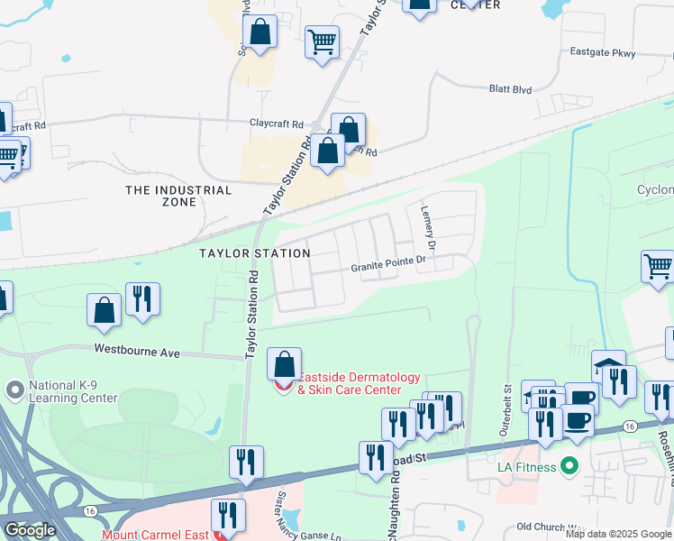 map of restaurants, bars, coffee shops, grocery stores, and more near 7000 Granite Pointe Drive in Columbus