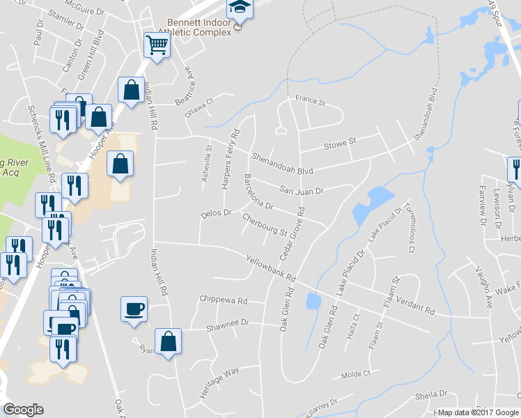 map of restaurants, bars, coffee shops, grocery stores, and more near 328 Barcelona Drive in Toms River