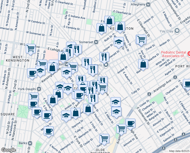 map of restaurants, bars, coffee shops, grocery stores, and more near 2031 East Lehigh Avenue in Philadelphia