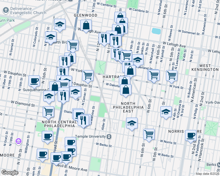 map of restaurants, bars, coffee shops, grocery stores, and more near 1005 West Dauphin Street in Philadelphia
