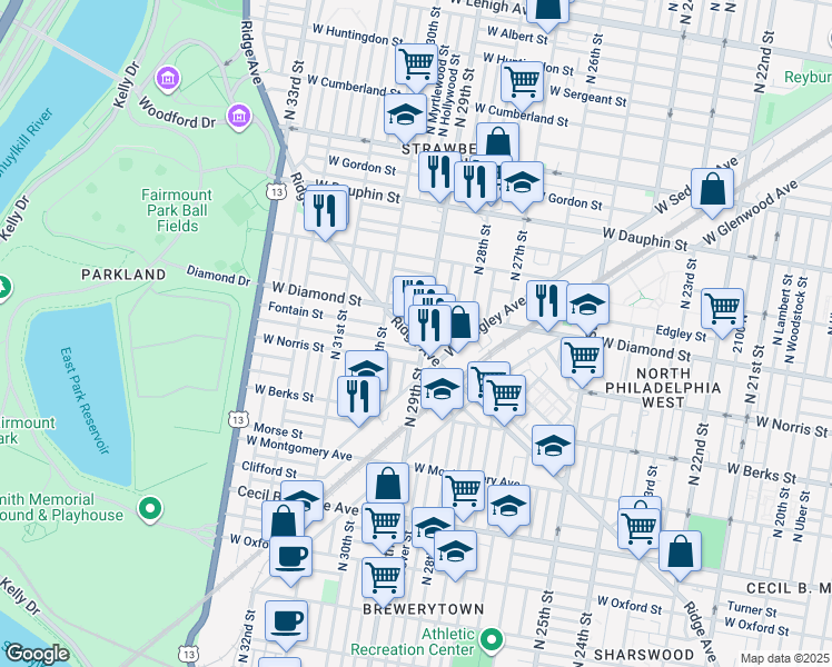 map of restaurants, bars, coffee shops, grocery stores, and more near 2905 Ridge Avenue in Philadelphia