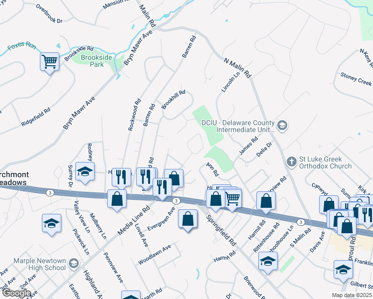 map of restaurants, bars, coffee shops, grocery stores, and more near 108 Newby Drive in Newtown Square