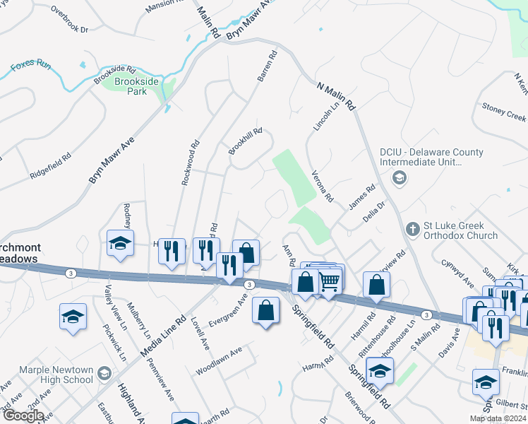 map of restaurants, bars, coffee shops, grocery stores, and more near 108 Newby Drive in Newtown Square