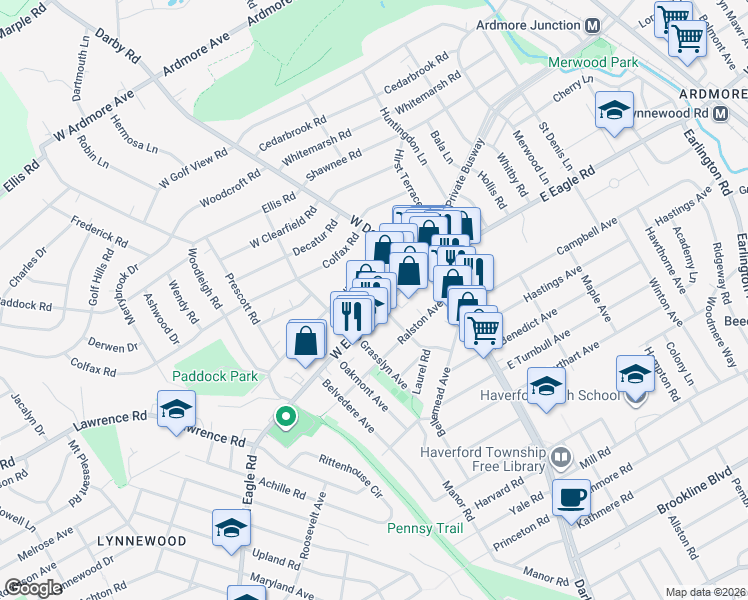 map of restaurants, bars, coffee shops, grocery stores, and more near 48 West Eagle Road in Havertown