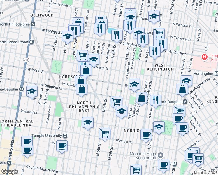 map of restaurants, bars, coffee shops, grocery stores, and more near 2341 North 6th Street in Philadelphia