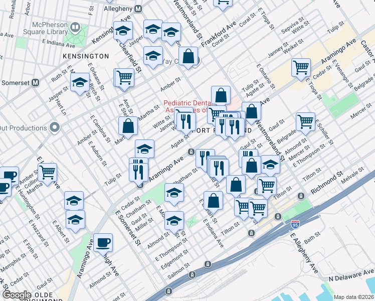 map of restaurants, bars, coffee shops, grocery stores, and more near 3086 Aramingo Avenue in Philadelphia