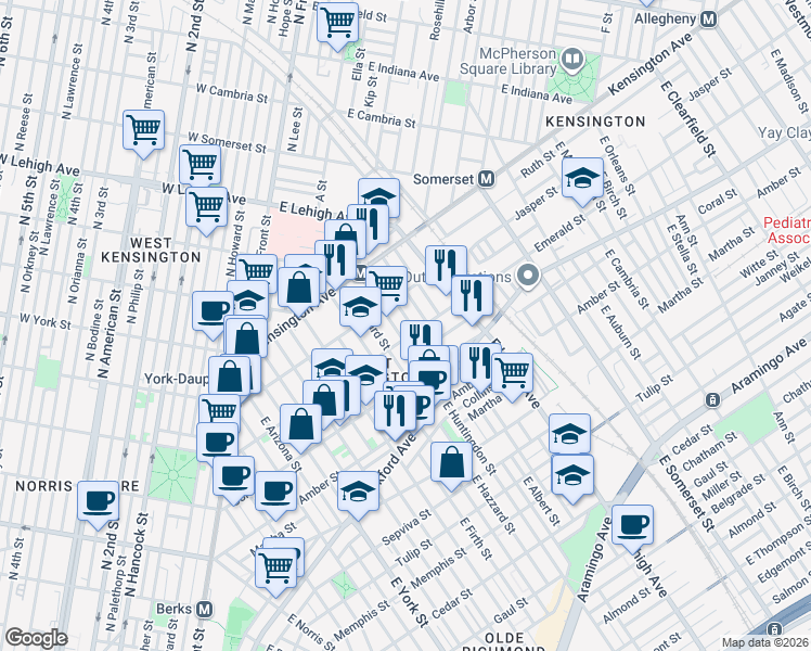 map of restaurants, bars, coffee shops, grocery stores, and more near 1930 East Huntingdon Street in Philadelphia