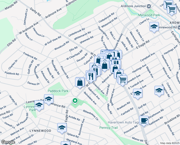 map of restaurants, bars, coffee shops, grocery stores, and more near 71 West Hillcrest Avenue in Havertown