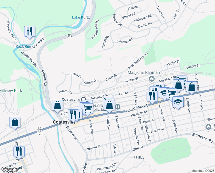 map of restaurants, bars, coffee shops, grocery stores, and more near 411 Coates Street in Coatesville