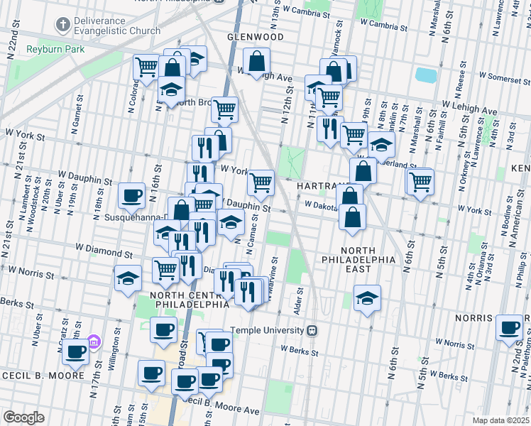 map of restaurants, bars, coffee shops, grocery stores, and more near 2262 North 12th Street in Philadelphia