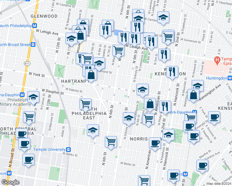 map of restaurants, bars, coffee shops, grocery stores, and more near 2341 North 6th Street in Philadelphia