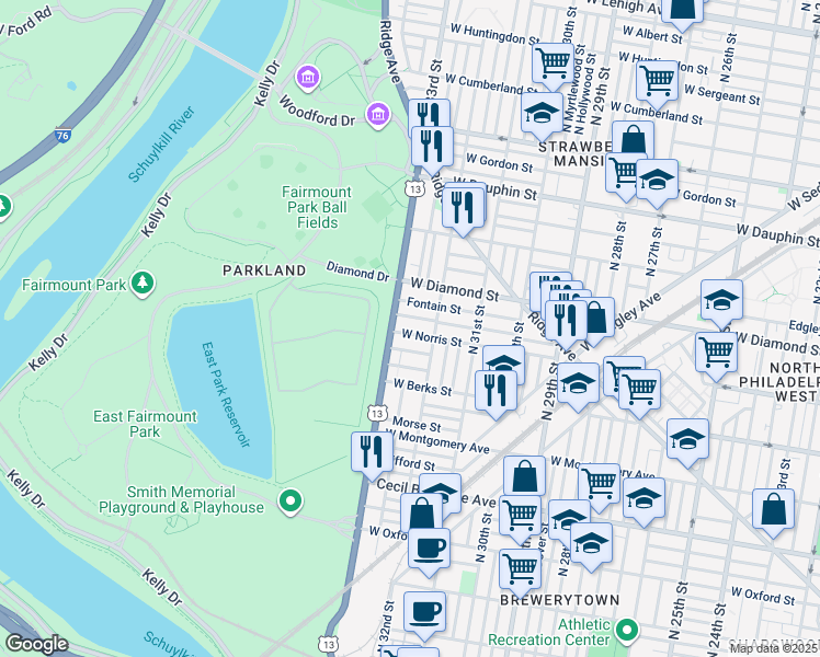 map of restaurants, bars, coffee shops, grocery stores, and more near 3235 West Norris Street in Philadelphia