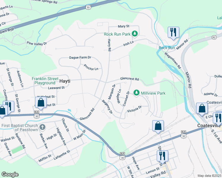 map of restaurants, bars, coffee shops, grocery stores, and more near 123 Marquis Drive in Coatesville