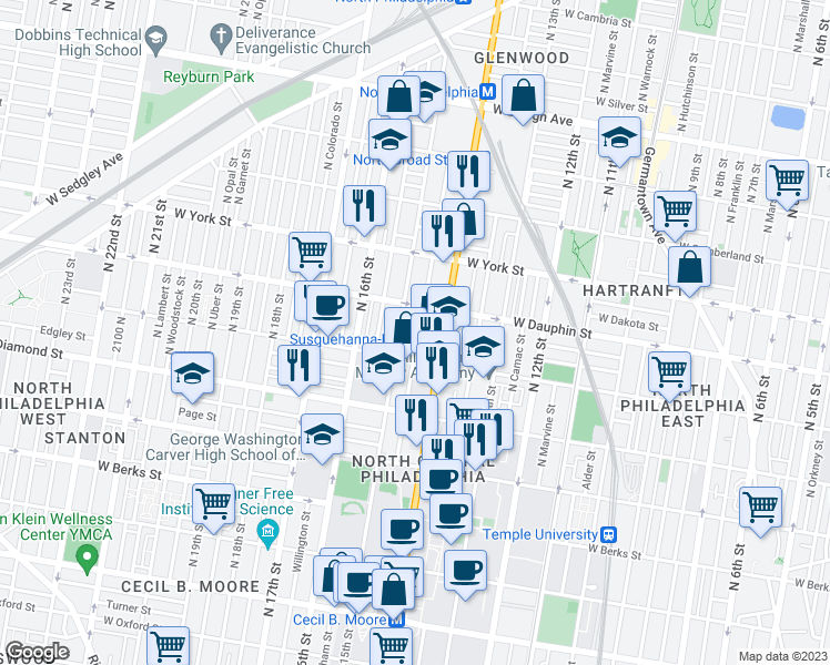map of restaurants, bars, coffee shops, grocery stores, and more near 2236 North Carlisle Street in Philadelphia