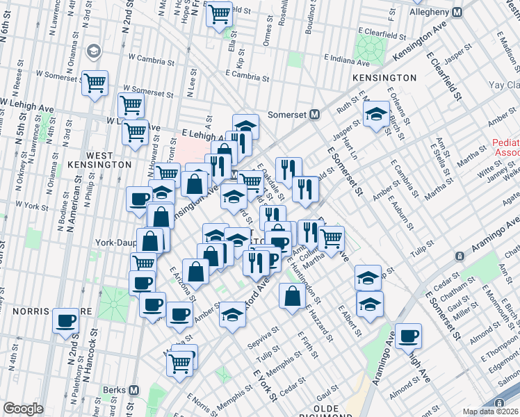 map of restaurants, bars, coffee shops, grocery stores, and more near 1930 East Huntingdon Street in Philadelphia