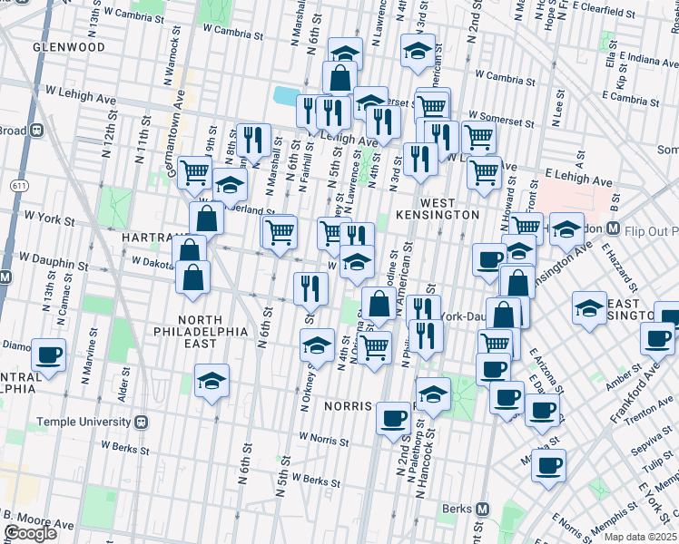 map of restaurants, bars, coffee shops, grocery stores, and more near 422 West York Street in Philadelphia
