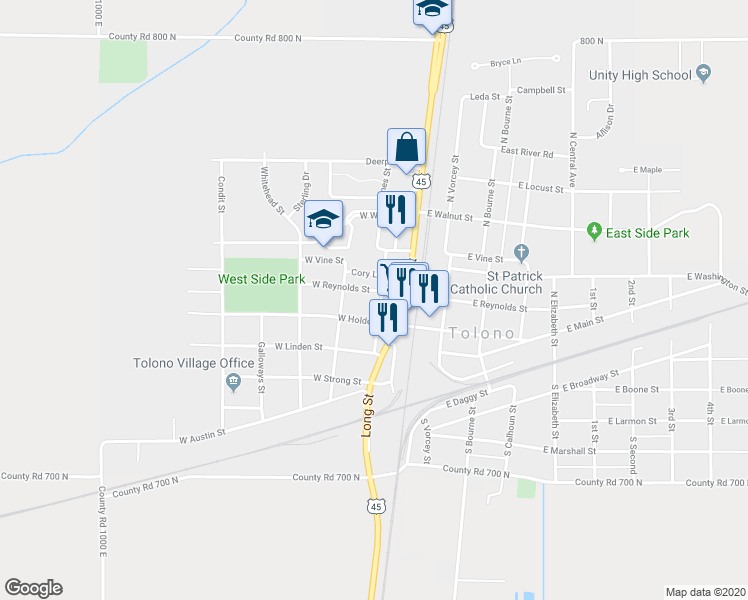 map of restaurants, bars, coffee shops, grocery stores, and more near 201 West Reynolds Street in Tolono