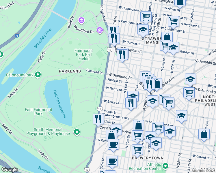 map of restaurants, bars, coffee shops, grocery stores, and more near 3235 West Norris Street in Philadelphia