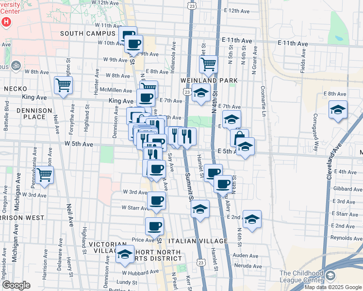 map of restaurants, bars, coffee shops, grocery stores, and more near 104 East 5th Avenue in Columbus