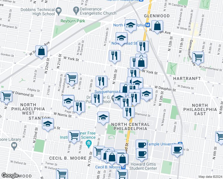 map of restaurants, bars, coffee shops, grocery stores, and more near 2220 North 16th Street in Philadelphia