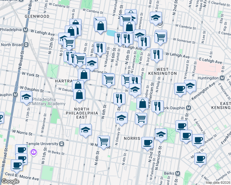 map of restaurants, bars, coffee shops, grocery stores, and more near 2337 North Fairhill Street in Philadelphia