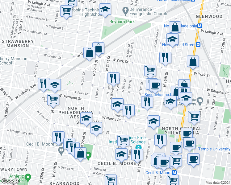 map of restaurants, bars, coffee shops, grocery stores, and more near 2140 North 20th Street in Philadelphia