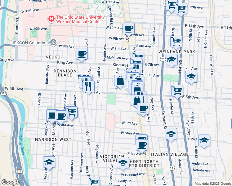 map of restaurants, bars, coffee shops, grocery stores, and more near West 5th Avenue & Dennison Avenue in Columbus