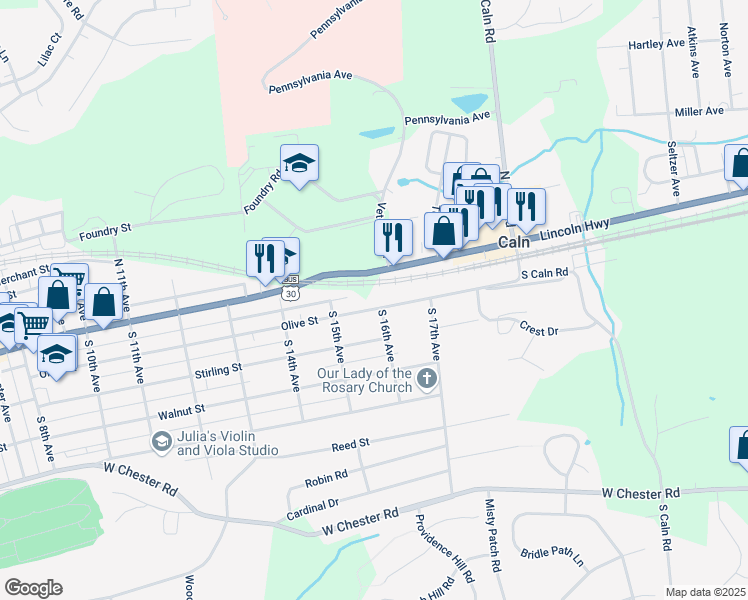 map of restaurants, bars, coffee shops, grocery stores, and more near 1515 Olive Street in Coatesville