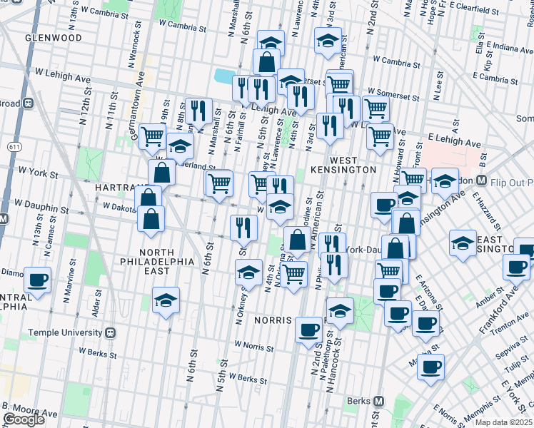 map of restaurants, bars, coffee shops, grocery stores, and more near 422 West York Street in Philadelphia