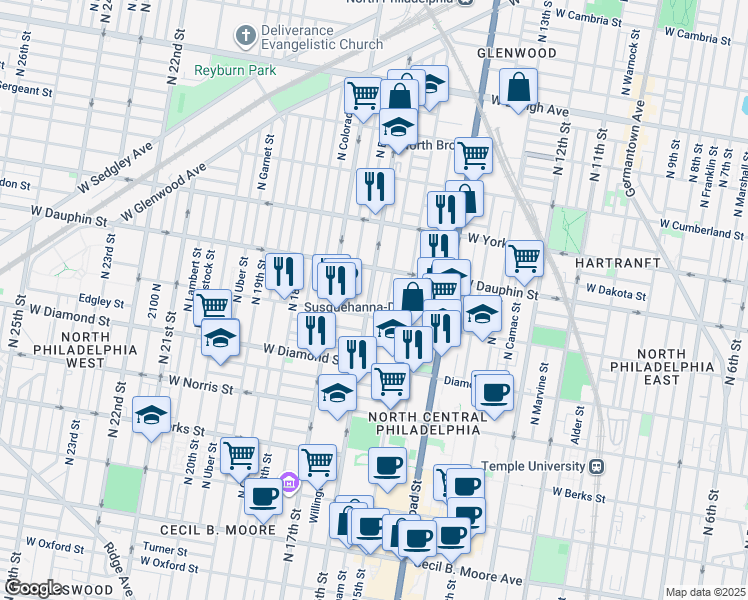 map of restaurants, bars, coffee shops, grocery stores, and more near 2223 North 16th Street in Philadelphia