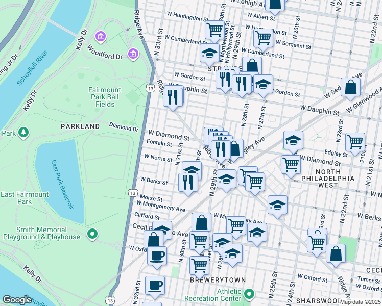 map of restaurants, bars, coffee shops, grocery stores, and more near 3021 Page Street in Philadelphia