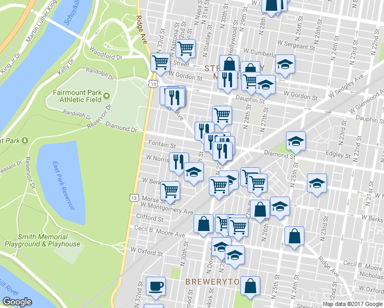 map of restaurants, bars, coffee shops, grocery stores, and more near 3025 Page Street in Philadelphia