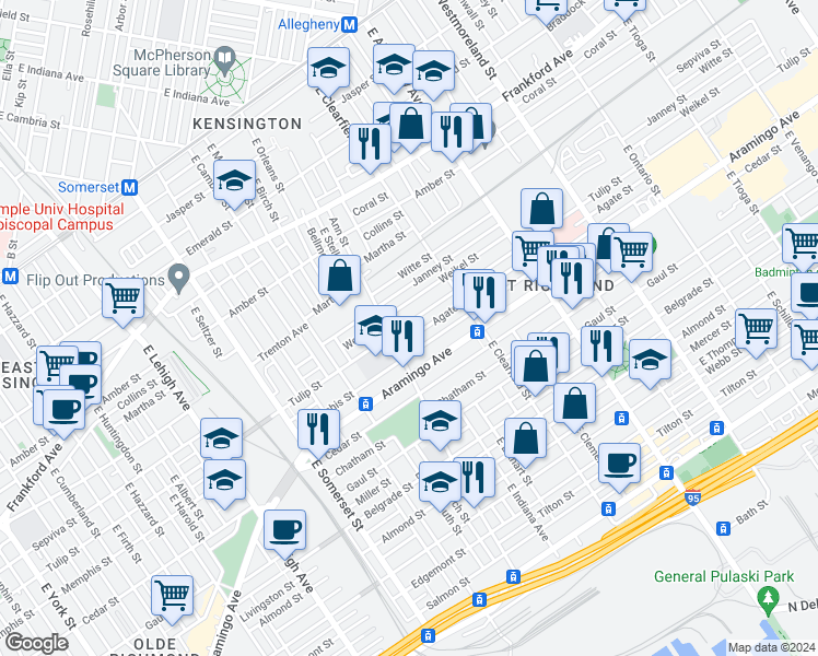 map of restaurants, bars, coffee shops, grocery stores, and more near 3017 Tulip Street in Philadelphia