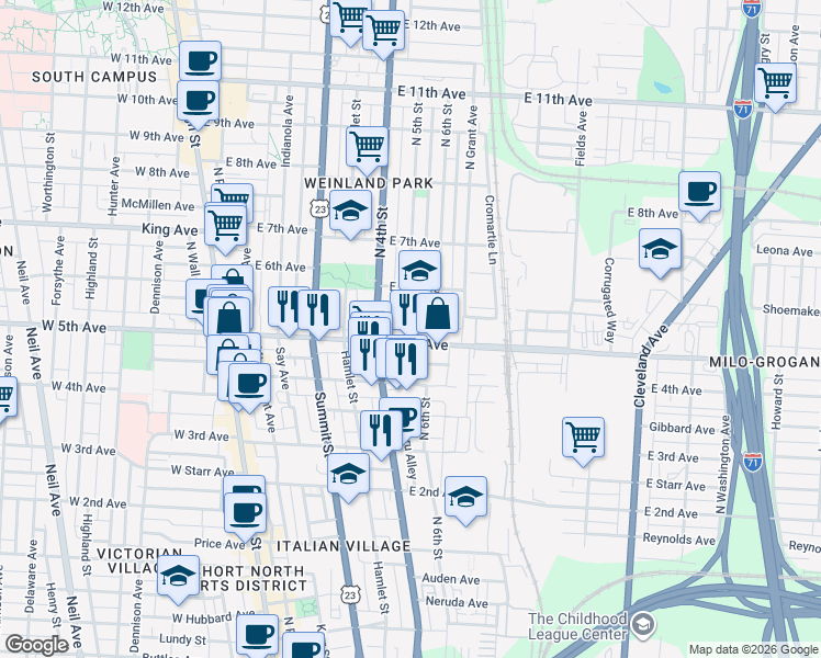map of restaurants, bars, coffee shops, grocery stores, and more near 266 East 5th Avenue in Columbus