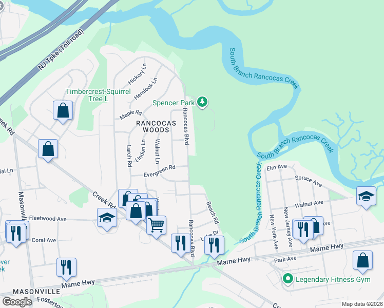 map of restaurants, bars, coffee shops, grocery stores, and more near 304 Rancocas Boulevard in Mount Laurel Township